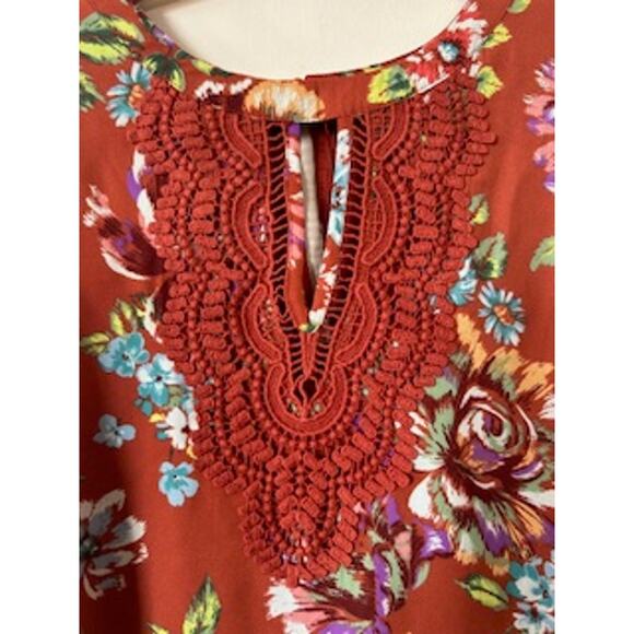 NWT Daniel Rainn Boho Sleeveless Keyhole Floral Blouse Lace Detail Brown Smll P - Picture 2 of 6